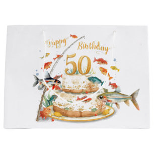 Fishing 50th Birthday with cake fishing themed Large Gift Bag