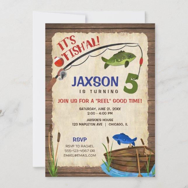 Fishing 5th birthday boy rustic outdoors invitation (Front)