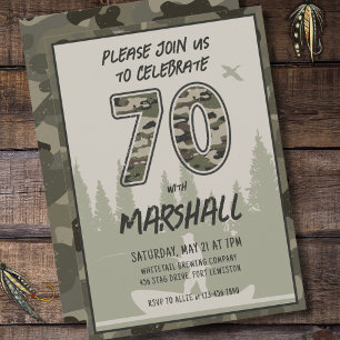 Fishing 70th Birthday Camouflage Woodland Forest Invitation