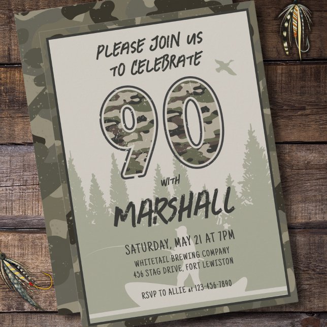 Fishing 90th Birthday Camouflage Woodland Forest Invitation (Creator Uploaded)
