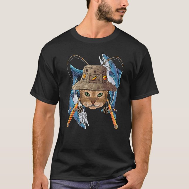 Fishing Abyssinian Outdoor Fisherman Cat Cute Fly  T-Shirt (Front)