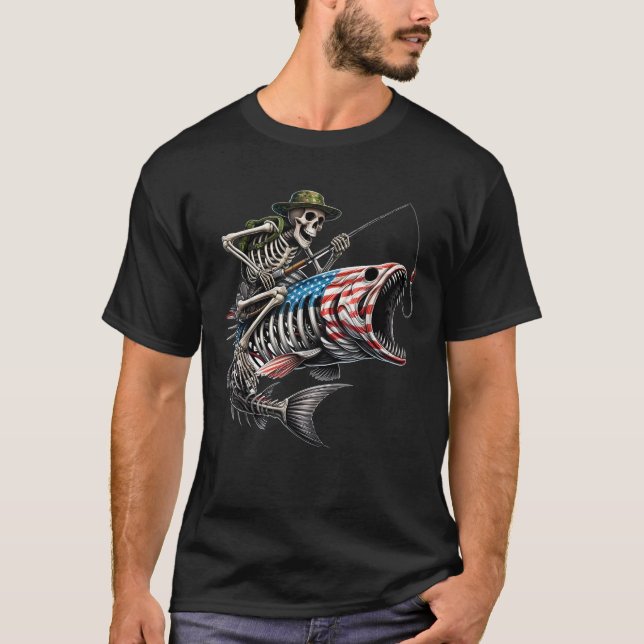 Fishing American Flag Bass Fish Skull Skeleton Fis T-Shirt (Front)