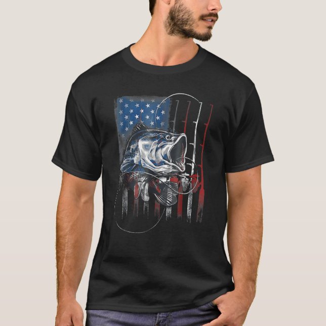 Fishing American Flag USA Bass Fisherman 4th Of Ju T-Shirt (Front)