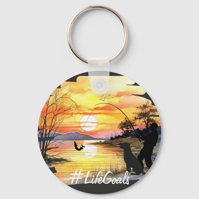 Fishing and Dog Lover "Life Goals" Trendy Sunset  Key Ring (Front)