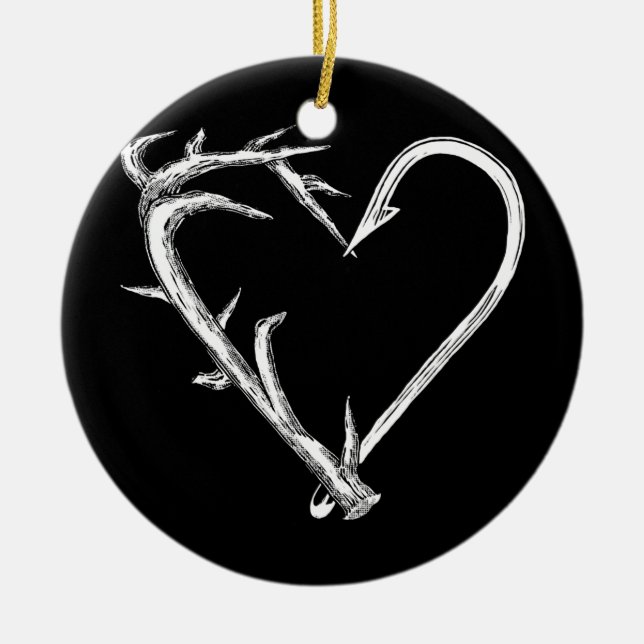 Fishing and Hunting Heart Artistic Antler & Hook Ceramic Ornament (Front)