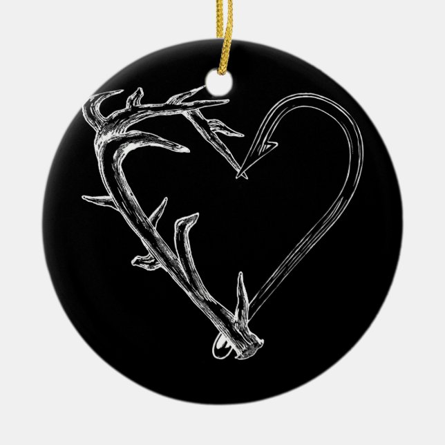 Fishing and Hunting Heart Artistic Antler & Hook Ceramic Ornament (Front)