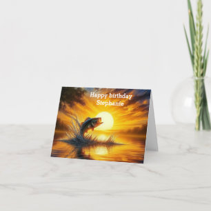 fishing art leaping sunset Happy Birthday Card