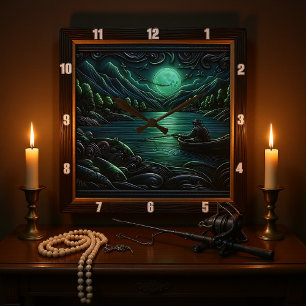 Fishing at Sunset Square Wall Clock