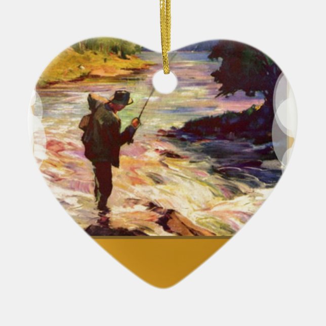 Fishing at the bend in the river ceramic tree decoration (Front)