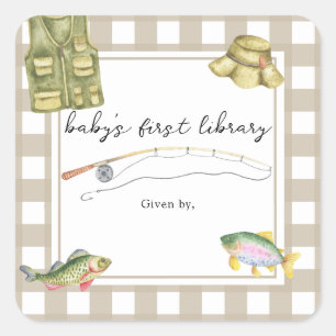 Fishing Baby Shower - baby's first library  Square Sticker