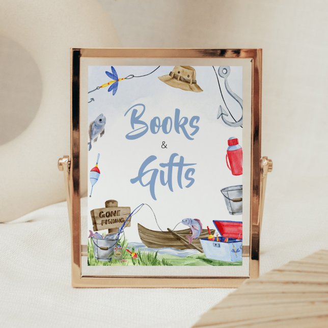 Fishing Baby Shower Books and Gifts Poster (Little Fisherman Baby Shower Books and Gifts Sign)