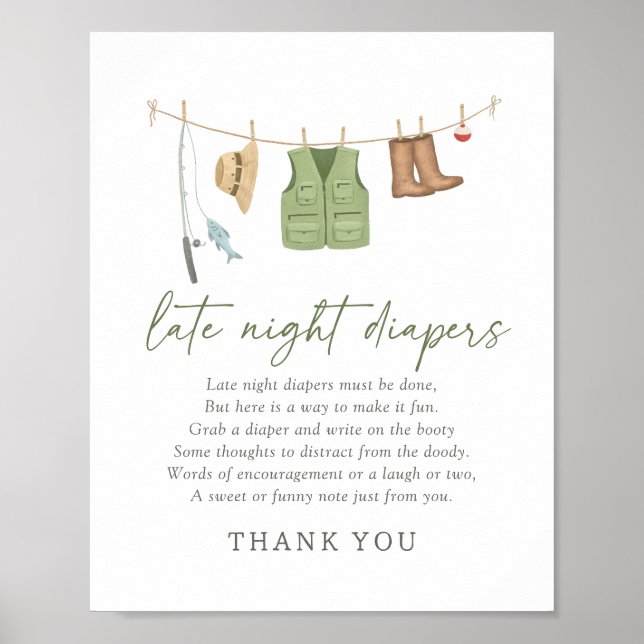 Fishing Baby Shower Late Night Diapers Sign (Front)
