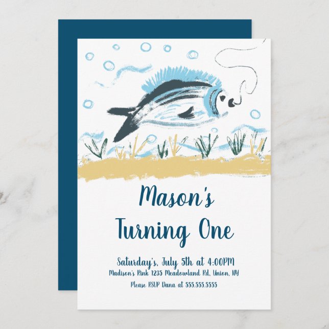 Fishing Bait Party Turning One Fish Ocean Birthday Invitation (Front/Back)