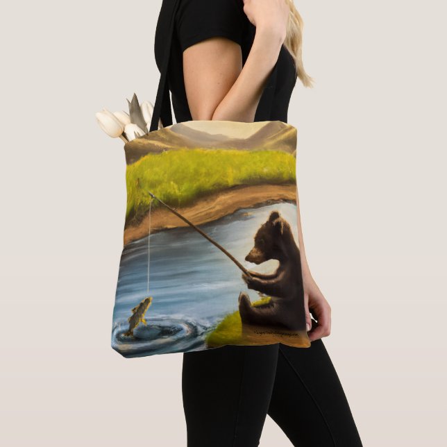 Fishing Bear Tote Bag (Close Up)