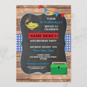 Fishing Birthday Party Rustic Wood Fish 60 Invite