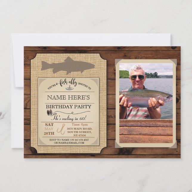 Fishing Birthday Party Wood Fish Rod Photo Invite (Front)