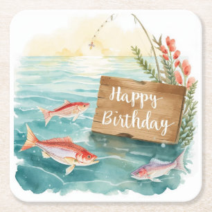 Fishing Birthday themed Anglers Fishermen party Square Paper Coaster