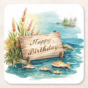 Fishing Birthday themed Anglers Fishermen party Square Paper Coaster