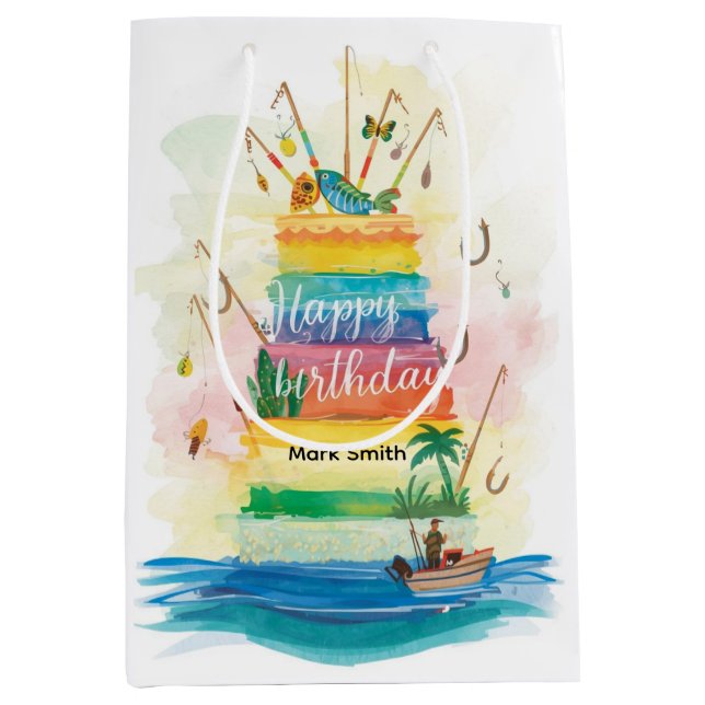 Fishing birthday themed hooked on fun  medium gift bag (Front)
