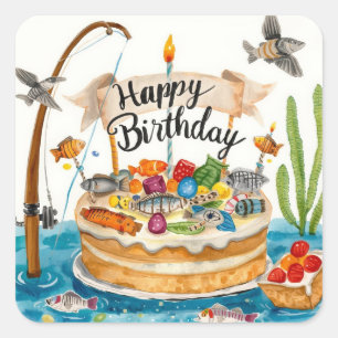 Fishing birthday themed hooked on fun square sticker