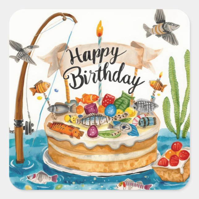 Fishing birthday themed hooked on fun square sticker (Front)