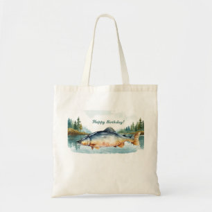 Fishing birthday themed with cake tote bag