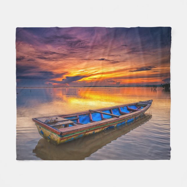 Fishing Boat At Sunrise | Jubakar Beach Fleece Blanket (Front (Horizontal))