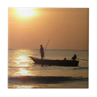 Fishing Boat at Sunset Ceramic Tile