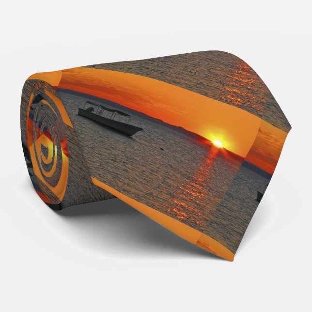 Fishing Boat at Sunset, Orange Sky Tie (Rolled)