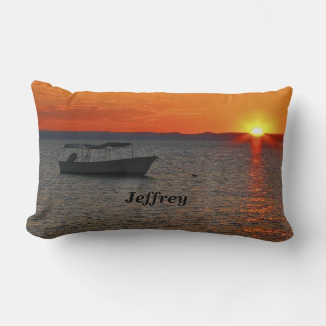 Fishing Boat at Sunset Personalised Name Throw Lumbar Cushion (Front)