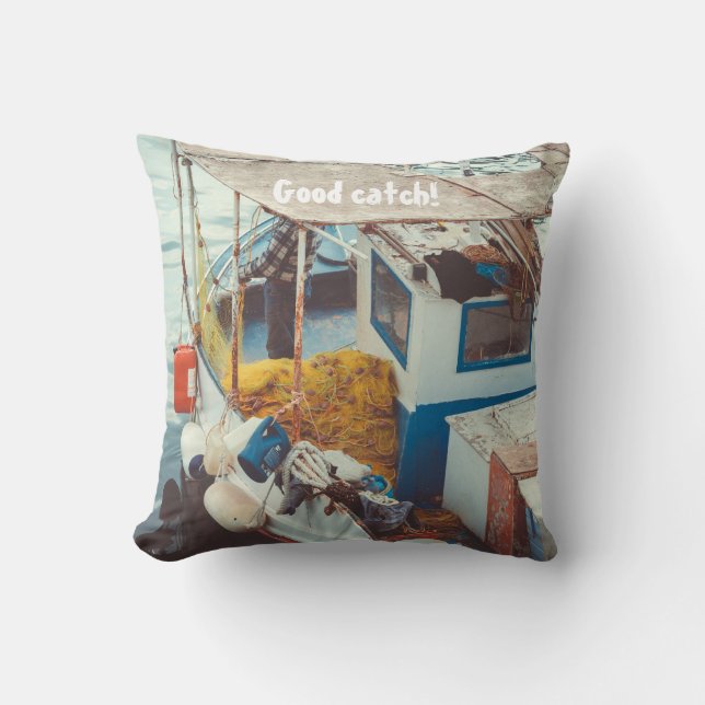 Fishing Boat at the Mediterranean Seaside Cushion (Front)