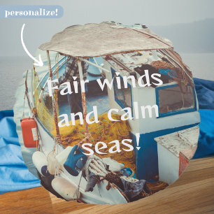 Fishing Boat at the Mediterranean Seaside Round Cushion