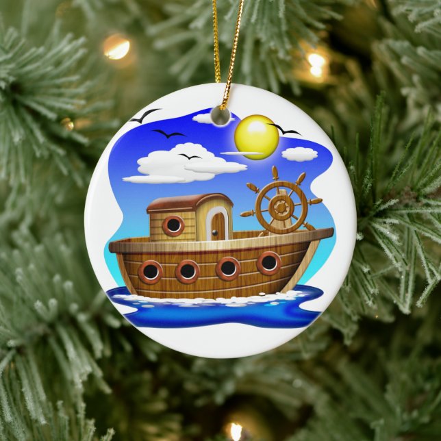 Fishing Boat Cartoon  Ceramic Ornament (Tree)