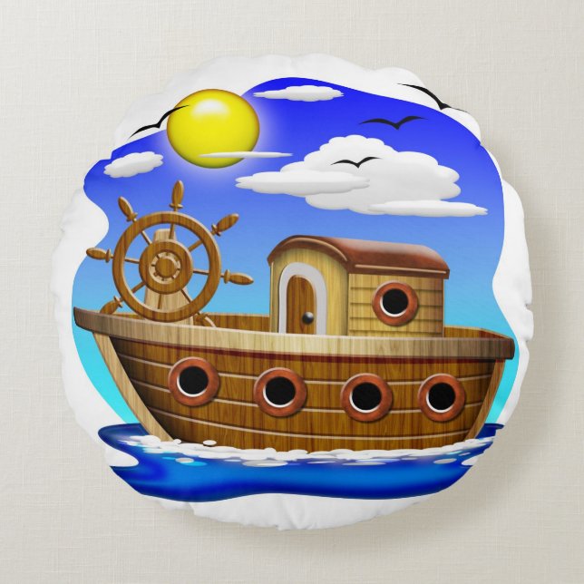 Fishing Boat Cartoon  Round Cushion (Front)