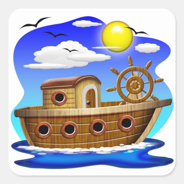 Fishing Boat Cartoon Square Sticker (Front)