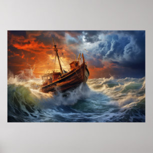 Fishing Boat In Storm Weather Surrealist Poster