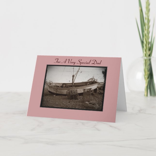 fishing boat lobster pots on pebble beach seaside card (Front)