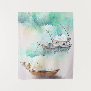 Fishing Boat Port Landscape Scenery Nature Tapestry