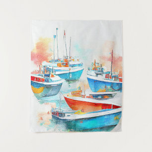 Fishing Boat Port Landscape Scenery Nature  Tapestry
