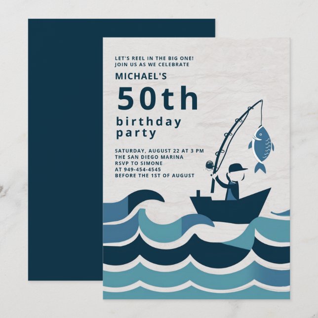 Fishing Boat Reel Elegant Casual Men 50th Birthday Invitation (Front/Back)