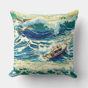Fishing Boat Riding Ocean Waves Cushion