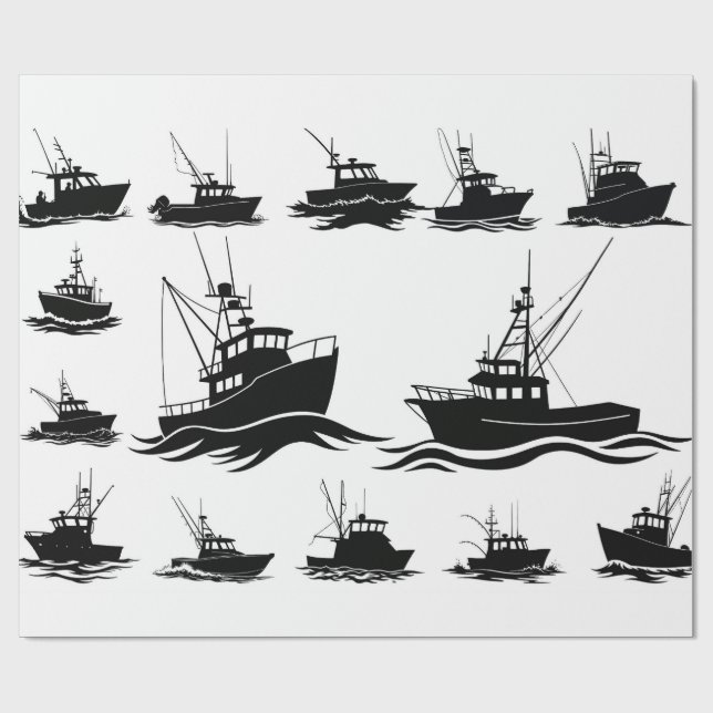 Fishing Boat Silhouette Pattern Wrapping Paper (Flat)
