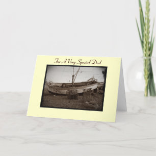 fishing boat with lobster pots on beach for dad card