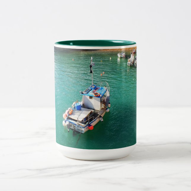 Fishing boats at high tide Two-Tone coffee mug (Center)