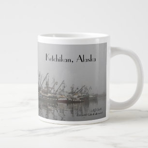 Fishing boats in early morning fog large coffee mug