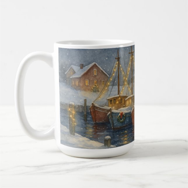Fishing Boats in Harbor Christmas Coffee Mug (Left)