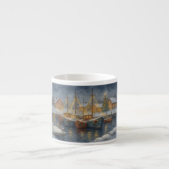 Fishing Boats in Harbor Christmas Espresso Cup (Front)