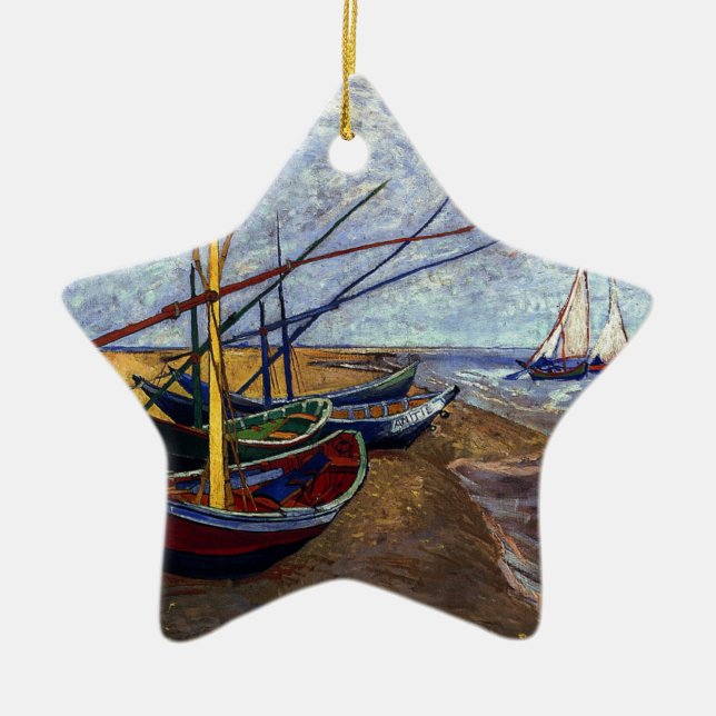 Fishing Boats on Beach Ceramic Ornament (Front)