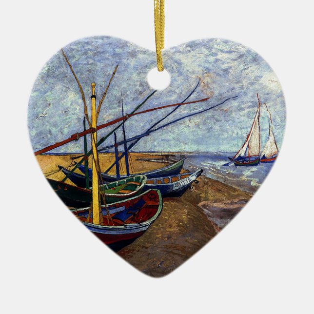 Fishing Boats on Beach Ceramic Tree Decoration (Front)