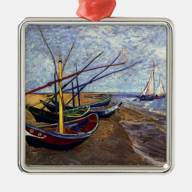 Fishing Boats on Beach Metal Ornament (Front)